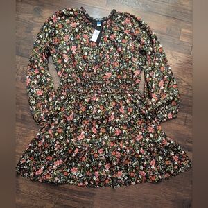 Old Navy Black Floral Smocked-Waist Long Sleeve Dress